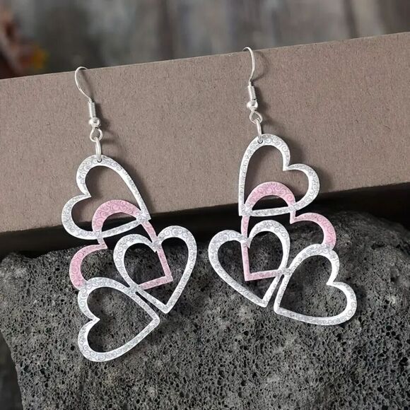 NIB - Multi-Layered Pink & Silver Heart Cluster Earrings - Picture 3 of 5